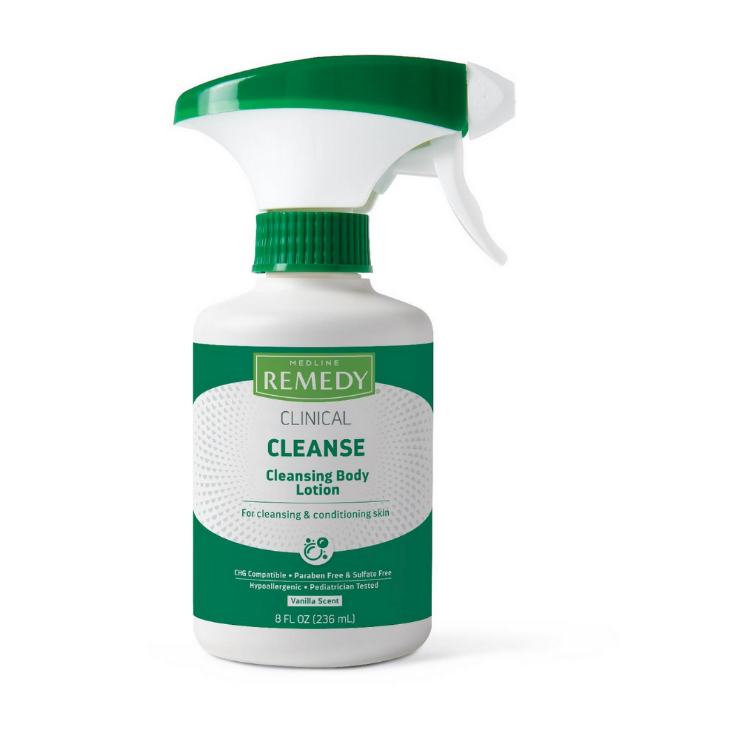 A white spray bottle with a green nozzle and label containing Medline Remedy Clinical Cleansing Body Lotion, 8 oz—an easy-to-use, no-rinse, sulfate-free skin cleanser and conditioner, gentle vanilla scent.
